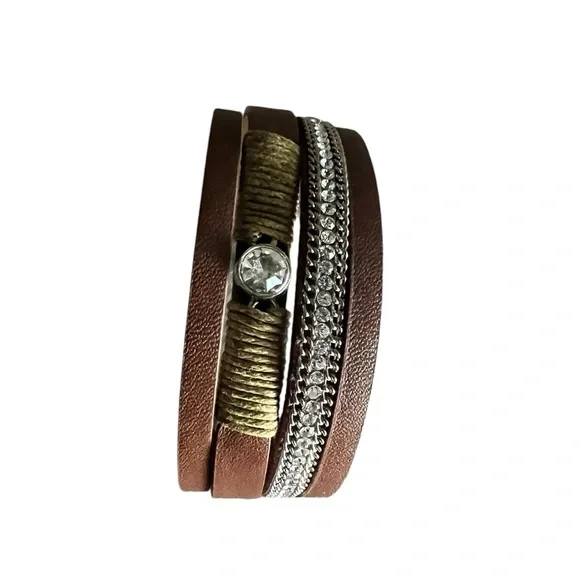 Brown Leather Wrap Bracelet with Crystal Accent - Picture 4 of 6